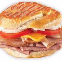 Beef, Turkey and Cheese  · Thinly sliced, top-round roast beef, oven-roasted turkey with smoked cheddar , tomatoes, oni...