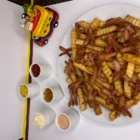 1. Salchipapa · Fries, sausage and pink sauce.
