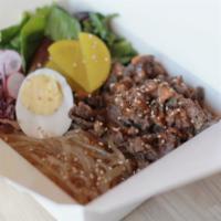 Beef Bulgogi Cupbop · bbq thin sliced beef, rice, clear noodle, lettuce, spring mix, boiled egg, spicy mayo, teriy...