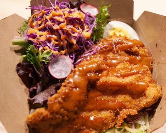 Don katsu cupbop · Panko battered pork cutlet with special katsu sauce, rice, clear noodle , lettuce, spring mix, cabbage , boiled egg, spicy mayo