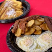 #8 · 2 Eggs, 2 French Toast, 2 Bacon, 2 Sausage, Skillet Fries.
