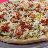 Taco Pizza · Taco Seasoned Beef, Lettuce, Diced Tomatoes, Salsa, Shredded Cheese