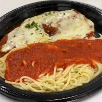 Chicken Parmigiana · Boneless breaded chicken breast topped with tomato sauce and mozzarella cheese. 