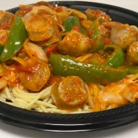Chicken Cacciatore · Tender chicken sauteed with mushrooms, green pepper and onions in a marinara sauce and a tou...