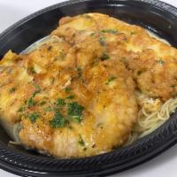 Chicken Francaise · Boneless chicken breast in a lemon butter and white wine sauce. 