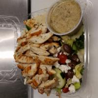 Feta Salad · Diced grilled chicken, and crumbled feta cheese over garden salad with red onions, and Kalam...