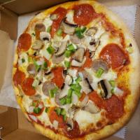 The Works Pizza · Pepperoni, sausage, mushrooms, white onions and peppers.