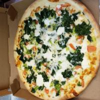 Marcello's White Pizza · Broccoli, spinach, tomato, ricotta, mozzarella and fresh garlic.