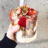 The Sobro Bowl · Base: almond milk, bananas, cacao nibs, peanut butter On top: strawberries, chia seeds, crus...