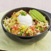 Veggie Bowl · Rice, boiled beans, salsa, avocado, cheddar cheese and sour cream.