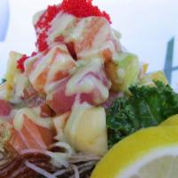 Hawaii Salad · Salmon, tuna, mayo, apple and massago with wasabi sauce.