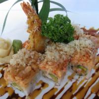 Oishii Roll · Shrimp tempura, avocado inside topped with spicy crab meat.