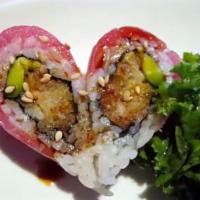 Sweet Heart Roll · Lobster tempura and avocado topped with tuna.