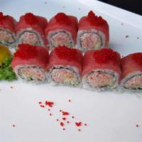Lady in Red Roll · Snow crab tempura and spicy sauce topped with tuna and red tobiko.