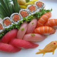 Paradise Platter · Three pieces of tuna, three pieces of salmon, three pieces of yellowtail sushi and six piece...