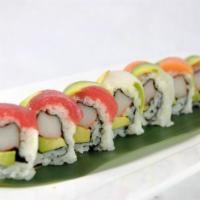 88. Rainbow Roll · On top: Salmon, tuna, fluke and avocado. Inside: Crab stick and cucumber.