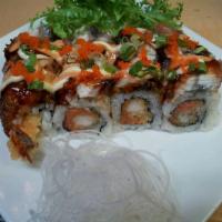 SP3. Black Dragon Roll · Eel, eel sauce, spicy mayo, mayo with shrimp tempura and spicy tuna.