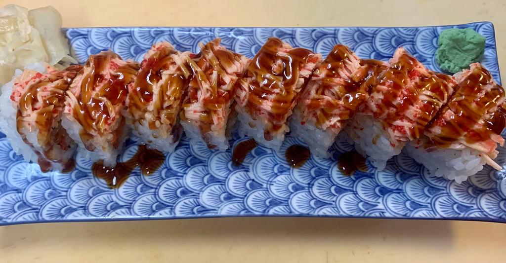 SP6. Angry Dragon Roll · Spicy kani, spicy mayo and eel sauce with shrimp tempura, spicy tuna and avocado.