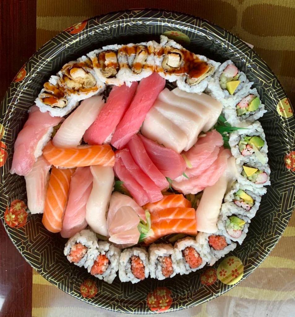 919. Party Tray 7 · 18 pieces of sashimi, 10 sushi and 3 regular rolls.