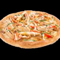 Alfredo Pomodoro Pizza · Alfredo sauce, grilled chicken strips, bacon, garlic, tomato, fresh basil topped with Sarpin...