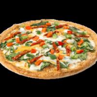 Pesto Veggie Pizza · Sun-dried tomatoes, red and green peppers, fresh spinach leaves, onions, roasted garlic, che...