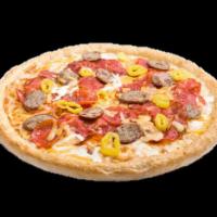 Primo Capicollo Pizza · Italian sausage, capicollo, pepperoni, garlic, and hot banana peppers, loaded with cheddar a...