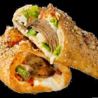 Gyro Calzone · Slow roasted gyro meat, diced tomatoes, fresh onions, green peppers, feta cheese, crisp lett...