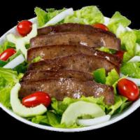 Gyro Salad · Delicious gyro meat, fresh onions, tomatoes, green olives, cucumbers and green peppers with ...