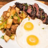 Steak & Eggs · Served with Home Fries. Sliced Grilled Steak with Bearnaise Sauce and Two Eggs Cooked Your W...