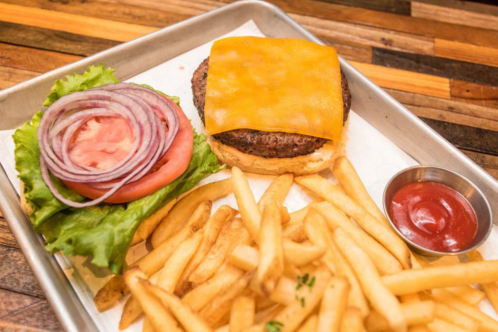 Impossible Veggie Burger · Two Plant Based Burger Patties topped with Lettuce, Tomato, Onion, Cheddar Cheese, and our Special House Sauce on a Brioche Bun. 