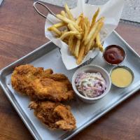 Crispy Chicken Tenders · Served with French Fries, Honey Mustard, and BBQ Sauce.
Side of Coleslaw.