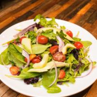 House Salad SD · With Cucumber, Tomato, Red Onion, and Raspberry Vinaigrette.