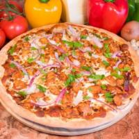 BBQ Chicken Pizza · Mozzarella, BBQ sauce topped with chicken, red onion and cilantro.