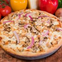 Ranch Chicken Pizza · Mozzarella, ranch dressing chicken, mushrooms and red onions.