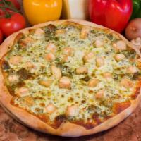 Chicken Pesto Pizza · Mozzarella, chicken topped with ameci Alfredo sauce and roasted garlic.