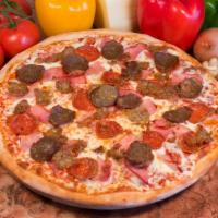 Meatsa Pizza · Mozzarella, pepperoni, ham, Ameci meatballs and Italian sausage.