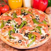 Vegetarian Pizza · Mozzarella, fresh tomatoes, mushrooms, green peppers, onions and black olives. Vegetarian.