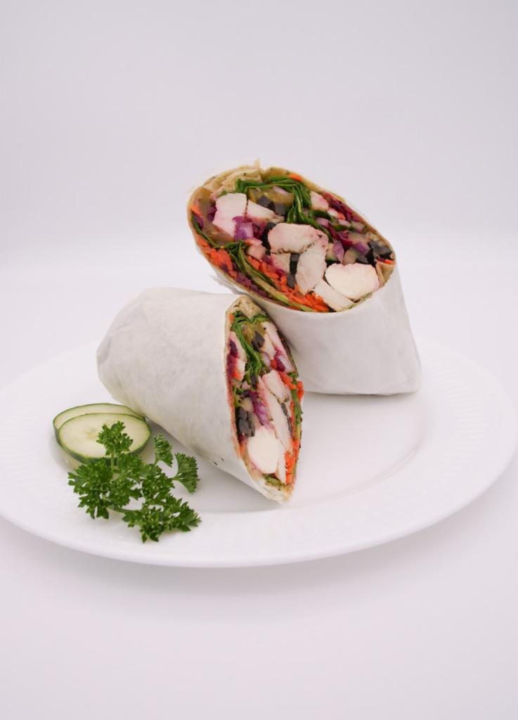 W4. Soft Spicy Grilled Chicken Breast Wrap · Hummus, spinach, black olives, red onion, tomato, pickles and red beets and pesto dressing.