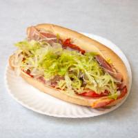 Italian Sandwich · Genoa Salami, Hot Cappicola, Mortadella, Provolone cheese, Lettuce, Tomato, Onion, Pickles, ...