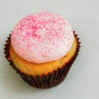 Pink Vanilla Cupcake · Vanilla cake, pink vanilla buttercream, and pink sugar sprinkles.
