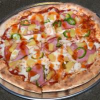 Maui Wowie Pizza · Red tomato base topped with mozzarella cheese, Canadian bacon, chicken, pineapple and fresh ...