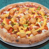 Mary Jane Pizza · Red tomato base topped with mozzarella cheese, pepperoni, bacon, jalapenos, fresh tomatoes a...