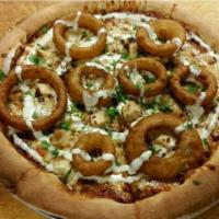 Rodeo Pizza · BBQ base topped with mozzarella cheese, chicken, bacon, fresh cilantro and onion rings then ...