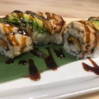 Doragon Shrimp Roll · Shrimp tempura roll, BBQ eel and avocado on top.