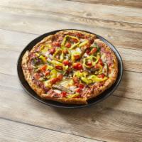 Veggie Pizza · Green pepper, mushroom, onion, tomatoes and mild peppers.