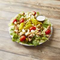 Grilled Chicken Salad · Chicken, tomatoes, green olives, pepperoncini and provolone cheese.