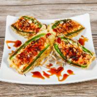 Jalapeno Bomb · Deep fried jalapeno inside spicy tuna and cream cheese with unagi sauce. Spicy.