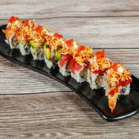 Toto Roll · Inside: shrimp tempura and cucumber. Outside: tuna, salmon, avocado, spicy crabmeat, tobiko ...