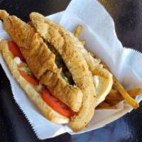 Surfboard Sandwich w/ Fries · 2 pcs. fried whiting fish served on toasted french bread; topped w/ lettuce, tomatoes, and t...