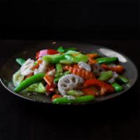 Mix Vegetables ＆ Garlic · Lotus root, celery, snap peas, red bell peppers, carrots, and white wine. 
Vegan.
Gluten-free.